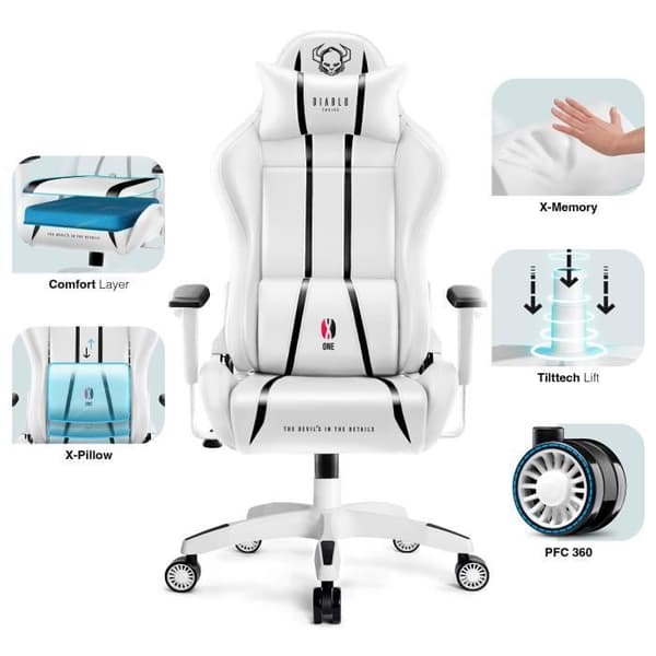 Diablo X-One 2.0 Gaming Chair Office Gamer Fåtölj 1D Skai Armstödskudde Lumbar Cousin (Vit-Svart, L)