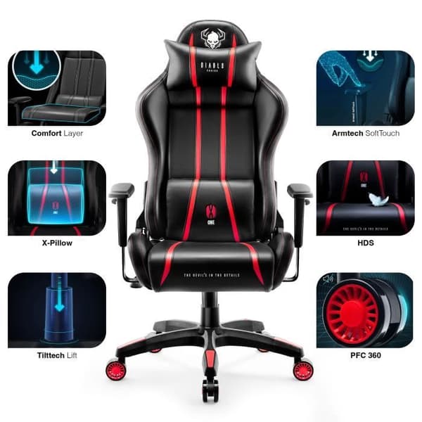 Diablo X-One 2.0 Gaming Chair Office Gamer Fåtölj 1D Skai Armstödskudde Lumbar Cousin (svart-röd, L)