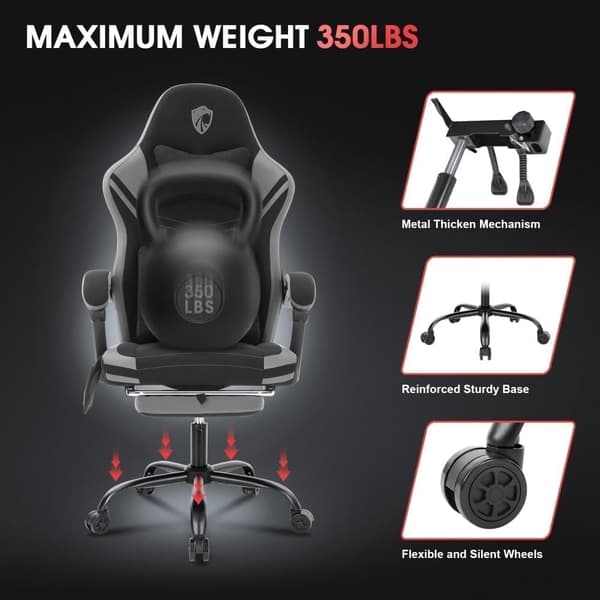 Gamingstol, datorstol i tyg med massage, kontorsstol med breddad dyna, ergonomisk stol med högt ryggstöd, fotstöd upp till 158 kg, grå