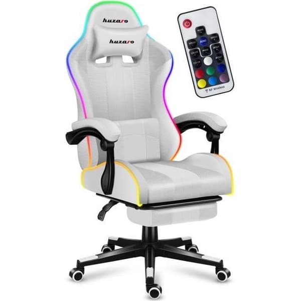 HUZARO FORCE 4.7 Gaming Stol Vit RGB LED, Kontorsstol, PC Gaming, Ergonomisk, Nackstöd Svankkudde, Justerbar, Vridbar
