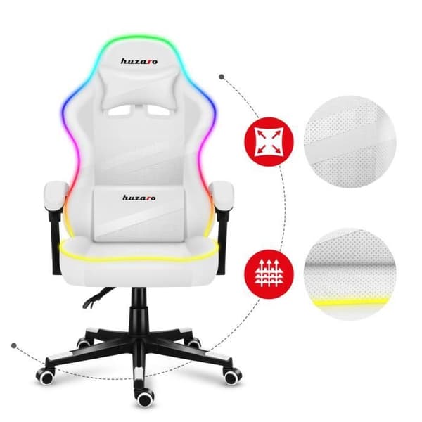 HUZARO Force 4.4 ergonomisk spelstol - Vit - Justerbar höjd - Svankstöd - Armstöd - Nackstöd