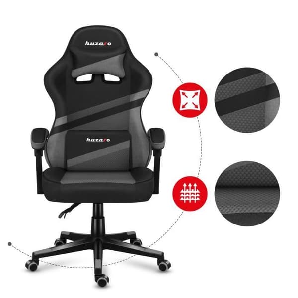 HUZARO Force 4.4 ergonomisk spelstol - Grå - Justerbar höjd - Svankstöd - Armstöd - Nackstöd