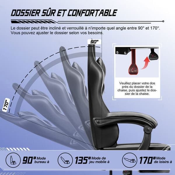 Ergonomisk Gaming Säte med Fotstöd, Justerbar Gaming Stol 170°, Grå Läder Gaming Säte, Lutande Ryggstöd