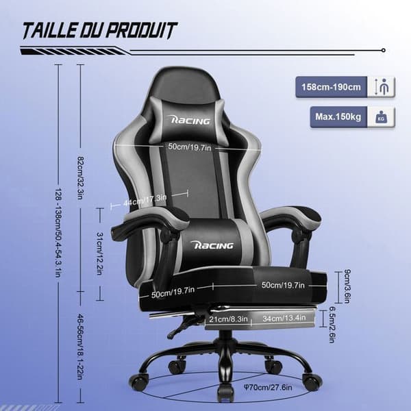 Ergonomisk Gaming Säte med Fotstöd, Justerbar Gaming Stol 170°, Grå Läder Gaming Säte, Lutande Ryggstöd
