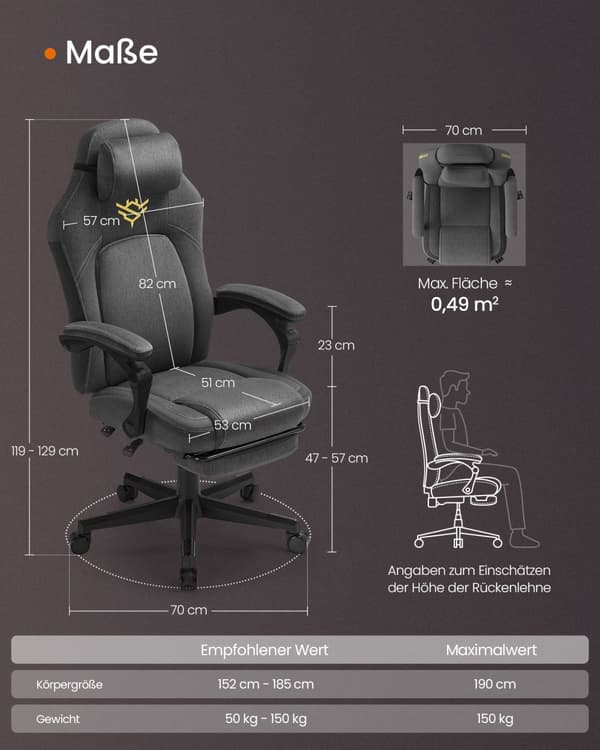 Gaming Stol, SONGMICS HOME, 70x70x119-129 cm, Duegrå