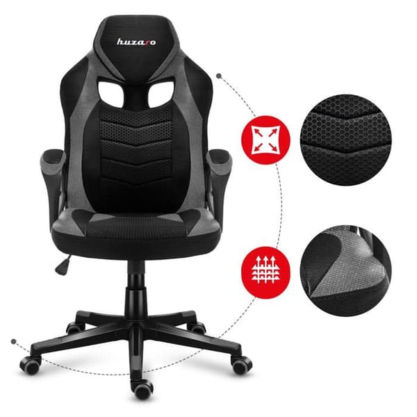 HUZARO FORCE 2.5 Grå Gaming Stol, Tyg Kontorsstol, PC-spel, Ergonomisk, Justerbar, Vridbar, Armstöd, Gamer