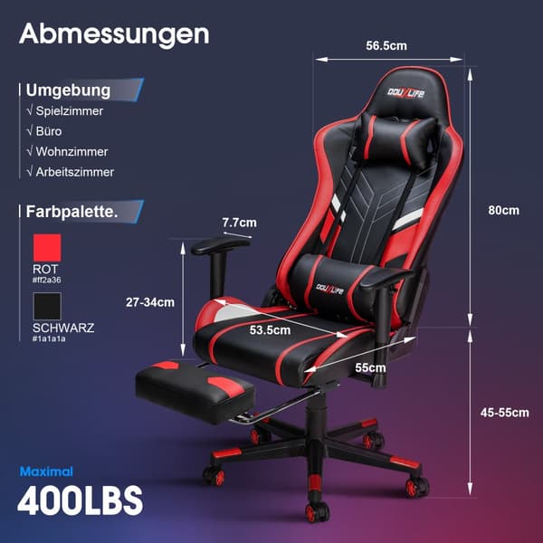 Pelituoli, 7-pistehieronnalla, jalkatuki, ergonominen 180 kg:n työtuoli, 90–175° selkänoja säädettävä, säädettävä käsinoja, työtuoli, punainen