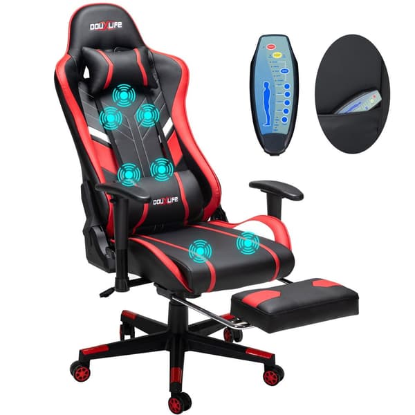 Gamingstol, med 7-punktsmassage, fotstöd, ergonomisk 180 kg kontorsstol, 90-175° justerbart ryggstöd, justerbart armstöd, skrivbordsstol, röd