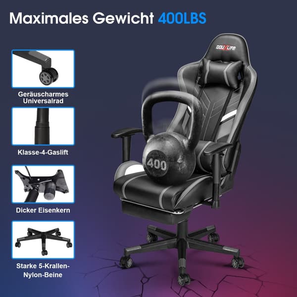 Gamingstol, med 7-punktsmassage, fotstöd, ergonomisk 180 kg kontorsstol, 90-175° justerbart ryggstöd, justerbart armstöd, skrivbordsstol, grå