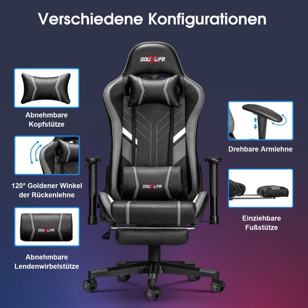 Gamingstol, med 7-punktsmassage, fotstöd, ergonomisk 180 kg kontorsstol, 90-175° justerbart ryggstöd, justerbart armstöd, skrivbordsstol, grå