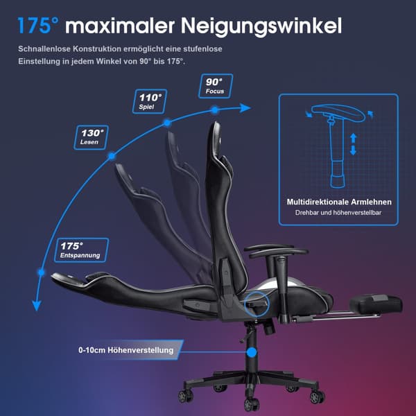 Gamingstol, med 7-punktsmassage, fotstöd, ergonomisk 180 kg kontorsstol, 90-175° justerbart ryggstöd, justerbart armstöd, skrivbordsstol, grå