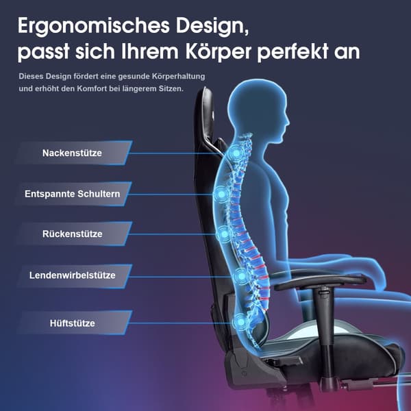 Gamingstol, med 7-punktsmassage, fotstöd, ergonomisk 180 kg kontorsstol, 90-175° justerbart ryggstöd, justerbart armstöd, skrivbordsstol, grå