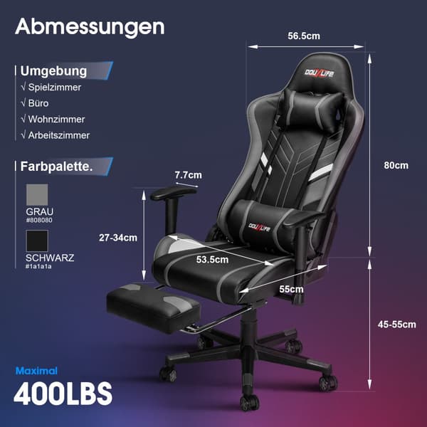 Gamingstol, med 7-punktsmassage, fotstöd, ergonomisk 180 kg kontorsstol, 90-175° justerbart ryggstöd, justerbart armstöd, skrivbordsstol, grå