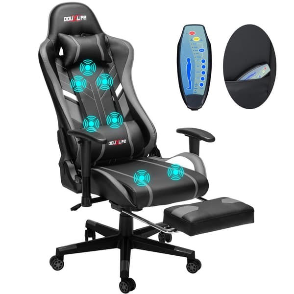 Gamingstol, med 7-punktsmassage, fotstöd, ergonomisk 180 kg kontorsstol, 90-175° justerbart ryggstöd, justerbart armstöd, skrivbordsstol, grå