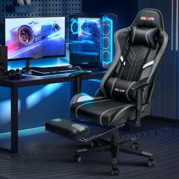 Gamingstol, med 7-punktsmassage, fotstöd, ergonomisk 180 kg kontorsstol, 90-175° justerbart ryggstöd, justerbart armstöd, skrivbordsstol, grå