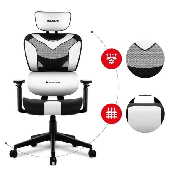 HUZARO Combat 8.0 ergonomisk spelstol vit - Justerbar höjd och armstöd - Svankstöd - Nackstöd