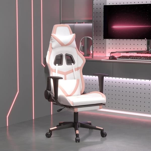 Gamingstol med massage och fotstöd vit och rosa konstläder