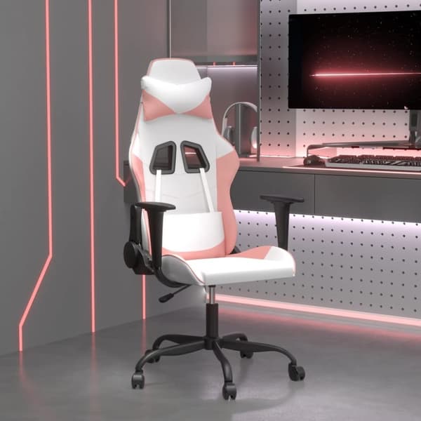 Gamingstol med massage vit och rosa konstläder