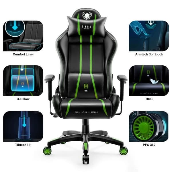 Diablo X-One 2.0 Gaming Chair Office Gamer Fåtölj 1D Skai Armstödskudde Lumbar Cousin (svart-grön, L)