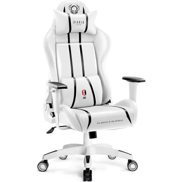 Diablo X-One 2.0 Gaming Chair Office Gamer Fåtölj 1D Skai Armstödskudde Lumbar Cousin (Vit-Svart, L)