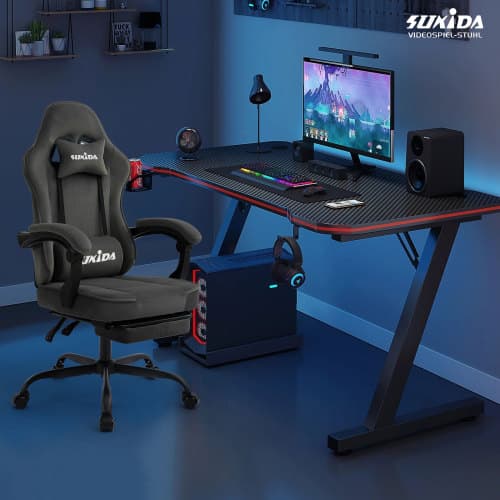 Gamingstol i tyg, Ergonomisk gamingstol med fotstöd, Justerbar racingdatorstol med svankstöd, Grå ergonomisk PC-stol