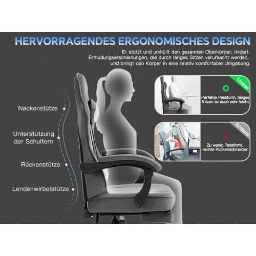 Gamingstol i tyg, Ergonomisk gamingstol med fotstöd, Justerbar racingdatorstol med svankstöd, Grå ergonomisk PC-stol