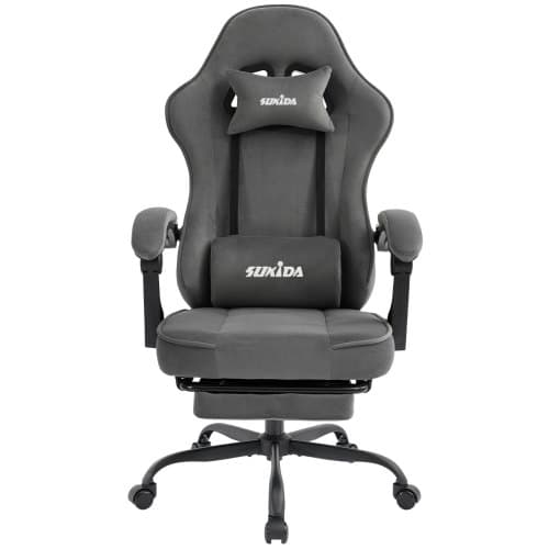 Gamingstol i tyg, Ergonomisk gamingstol med fotstöd, Justerbar racingdatorstol med svankstöd, Grå ergonomisk PC-stol