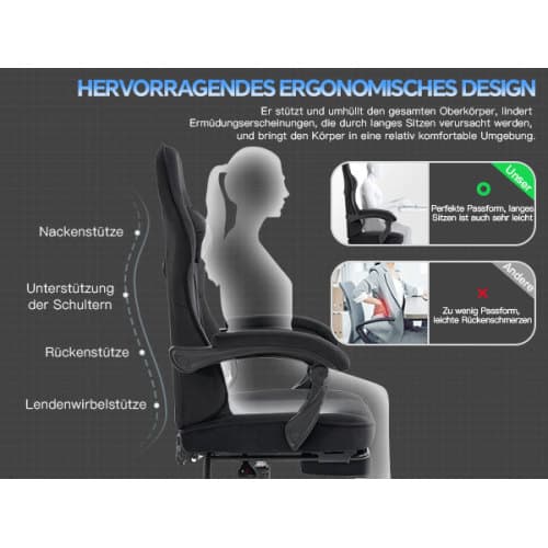 Gamingstol i tyg, Ergonomisk gamingstol med fotstöd, Justerbar racingdatorstol med svankstöd, Grå ergonomisk PC-stol