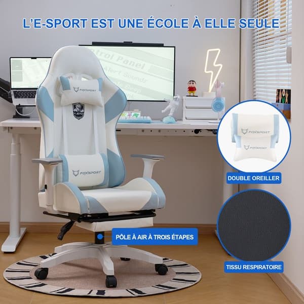 FOXSPORT-spelstol - Ergonomisk spelstol - Med fotstöd - Höjdjusterbar - Månskensriddare - Maxvikt 200KG - Blå