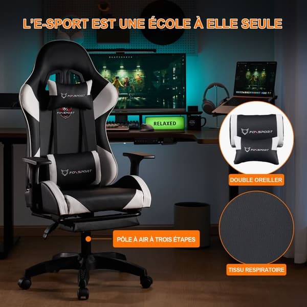 FOXSPORT-spelstol - Ergonomisk spelstol - Med fotstöd - Höjdjusterbar - Med nackstöd - Belastning 200KG - Svart
