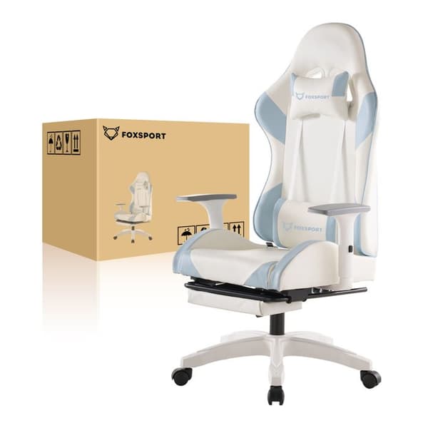 FOXSPORT-Spelstol-ergo-fotölj för gaming-med teleskopfotstöd-3D-armstöd-huvudstöd-bärförmåga 200 kg-blå