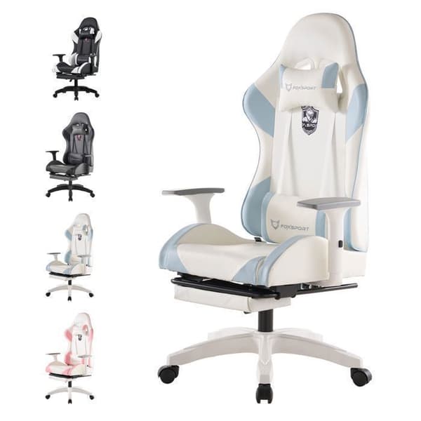 FOXSPORT-Spelstol-ergo-fotölj för gaming-med teleskopfotstöd-3D-armstöd-huvudstöd-bärförmåga 200 kg-blå