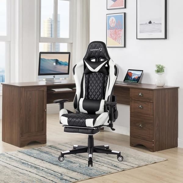 Gamingstol med teleskopfotstöd, ergonomisk kontorsstol för gamer foxsport, justerbar höjd och armstöd - Vit