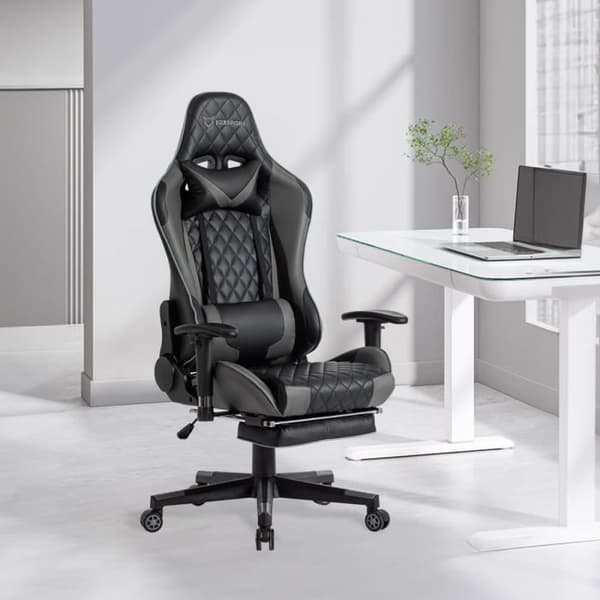Gamerstol med teleskopiskt fotstöd, ergonomisk gaming-kontorsstol foxsport, justerbar höjd och armstöd - Svart