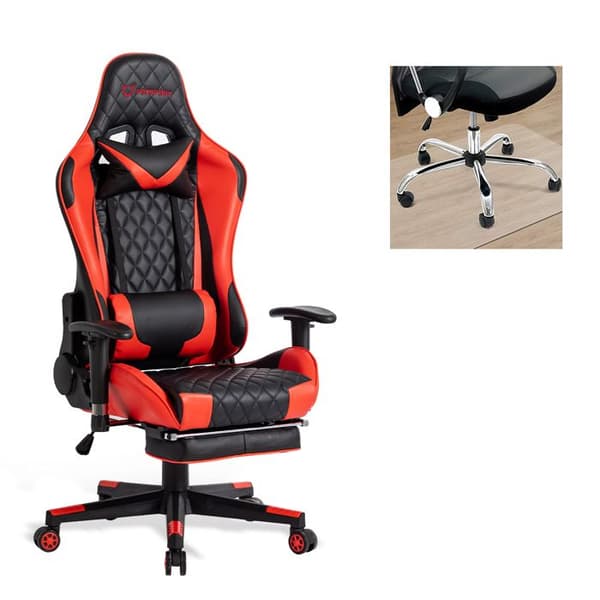 Gamingstol, med nackstöd och ländryggskudde, justerbar och svängbar, med fotstöd och kontorsstolskudde - Röd