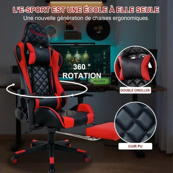 Kontorsstol, gamer-stol, justerbar gaming-stol med fotstöd, nackkudde och lumbarstödkudde - Röd