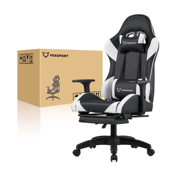 FOXSPORT-Spelstol-ergonomisk-gamingstol-med teleskopfotstöd-3D-armstöd-huvudstöd- belastning 200 kg-svart