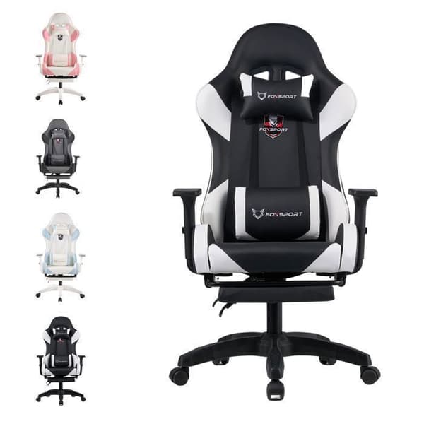 FOXSPORT-Spelstol-ergonomisk-gamingstol-med teleskopfotstöd-3D-armstöd-huvudstöd- belastning 200 kg-svart