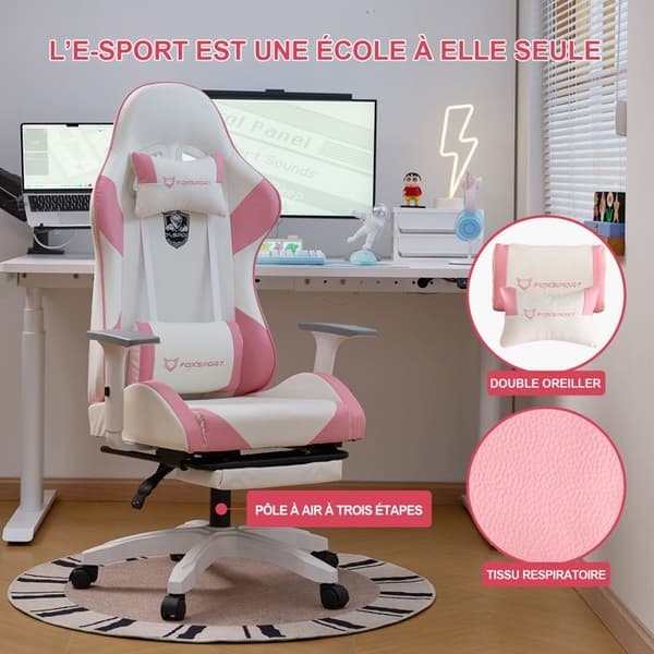FOXSPORT-Spelstol-ergonomisk-gamingstol-med teleskopfotstöd-3D-armstöd-huvudstöd- belastning 200 kg-rosa