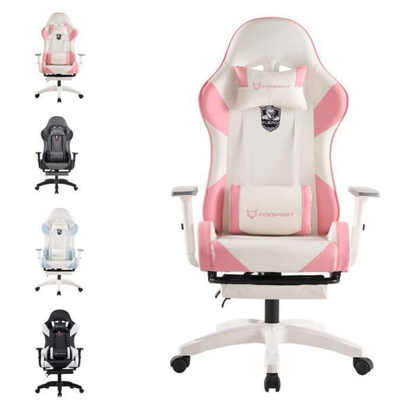 FOXSPORT-Spelstol-ergonomisk-gamingstol-med teleskopfotstöd-3D-armstöd-huvudstöd- belastning 200 kg-rosa