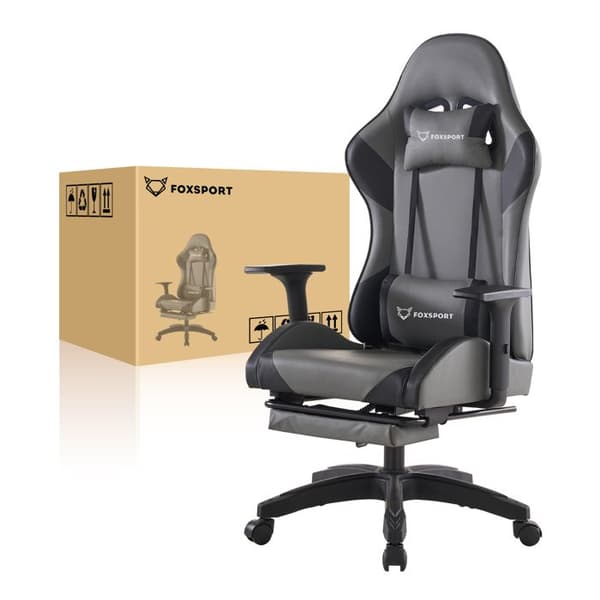 FOXSPORT Gaming Chair - Ergonomisk Gamer Stol - huvud- och ländryggskuddar - Lutar 90 °-155 ° - belastning 200KG - Grå