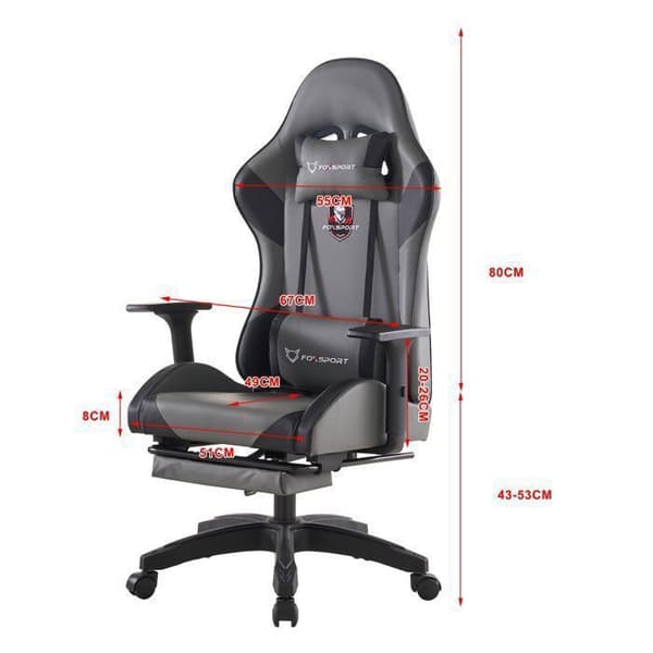 FOXSPORT Gaming Chair - Ergonomisk Gamer Stol - huvud- och ländryggskuddar - Lutar 90 °-155 ° - belastning 200KG - Grå