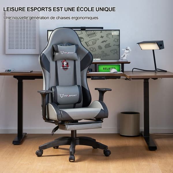FOXSPORT Gaming Chair - Ergonomisk Gamer Stol - huvud- och ländryggskuddar - Lutar 90 °-155 ° - belastning 200KG - Grå