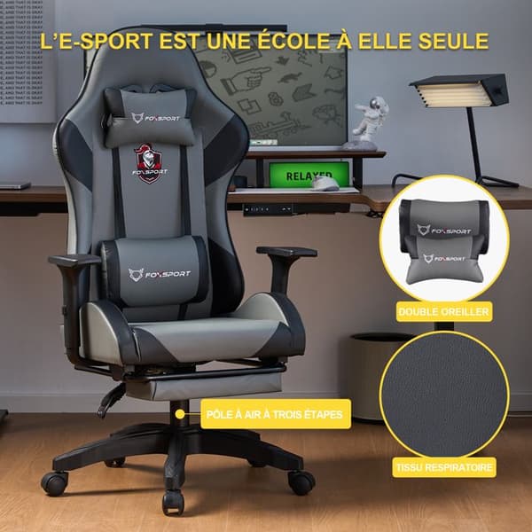 FOXSPORT Gaming Chair - Ergonomisk Gamer Stol - huvud- och ländryggskuddar - Lutar 90 °-155 ° - belastning 200KG - Grå