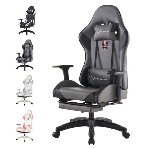 FOXSPORT Gaming Chair - Ergonomisk Gamer Stol - huvud- och ländryggskuddar - Lutar 90 °-155 ° - belastning 200KG - Grå
