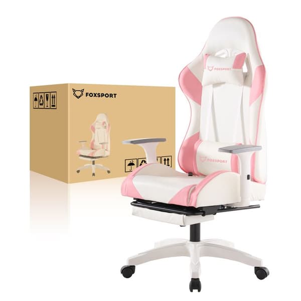 FOXSPORT-spelstol - Ergonomisk spelstol - Med fotstöds - Höjdjusterbar - Med nackstöd - Belastning 200KG - Rosa