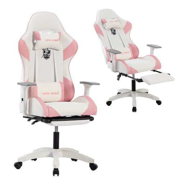FOXSPORT-spelstol - Ergonomisk spelstol - Med fotstöds - Höjdjusterbar - Med nackstöd - Belastning 200KG - Rosa