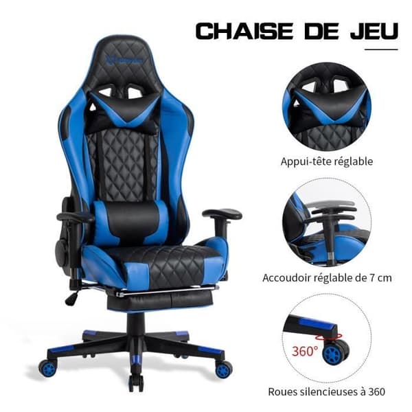 Kontorsstol, gamer-kontorsstol, justerbar gaming-stol med fotstöd, nackkudde och ländryggskudde - Blå