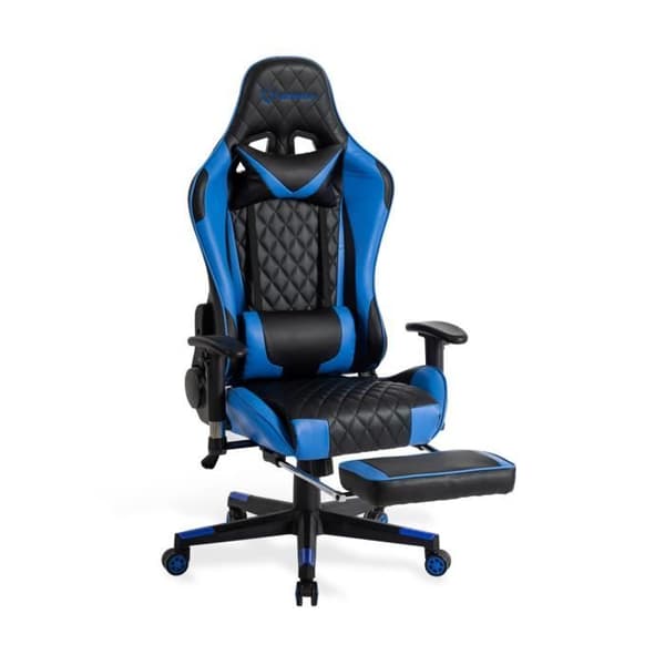 Kontorsstol, gamer-kontorsstol, justerbar gaming-stol med fotstöd, nackkudde och ländryggskudde - Blå