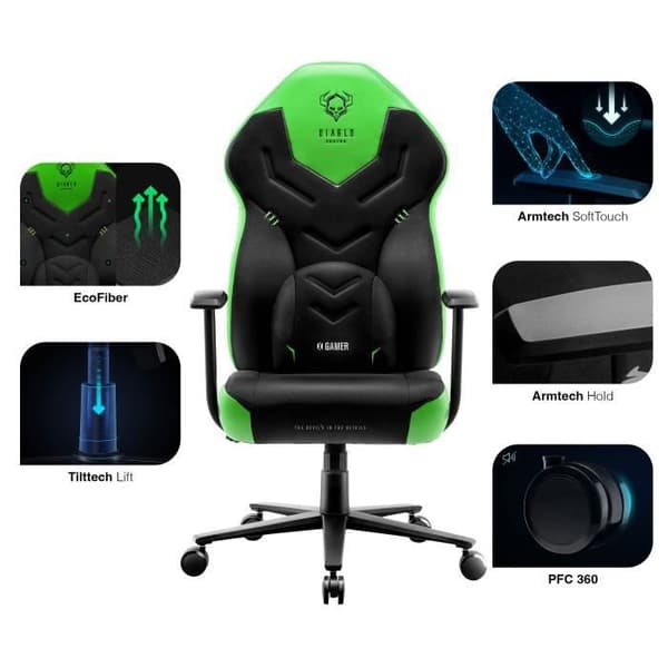 Diablo X-Gamer 2.0 Gaming Stol Office Gamer Fåtölj Tygöverdrag Ergonomisk design Svankkudde (svart-grön)
